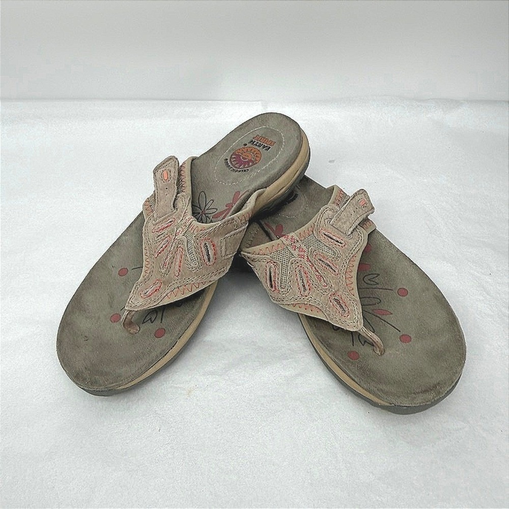 Earth Spirit Thong Sandals Tan Suede Embroidered Comfort Walking Boho Shoes 7